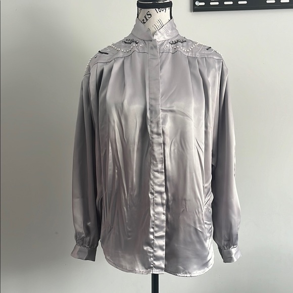 Ellumina Tops - 80s Gray Satin Blouse with High Collar and pearls rhinestones details